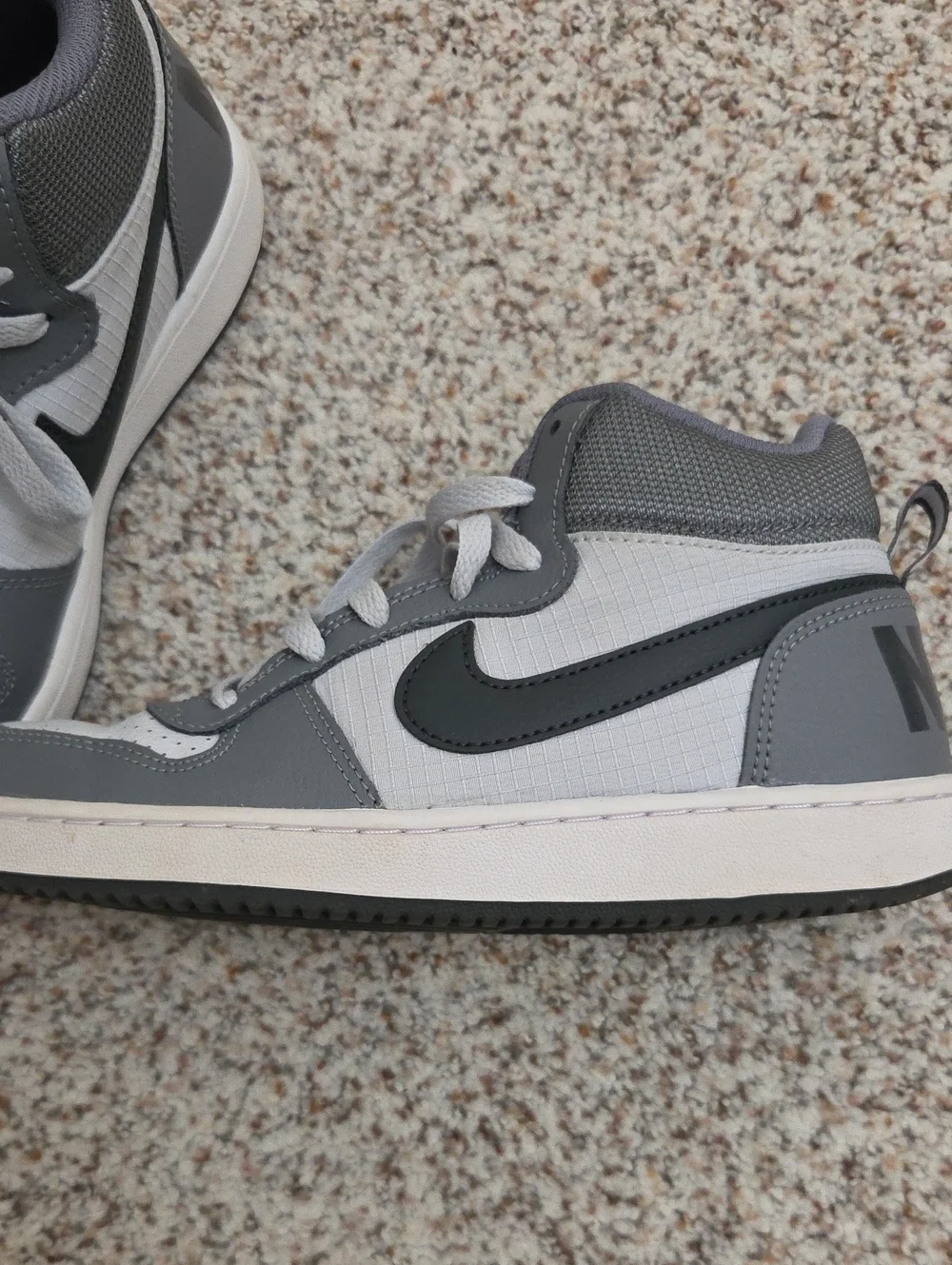 Nike Kids Gray and White High-Top Sneakers with Black Swoosh